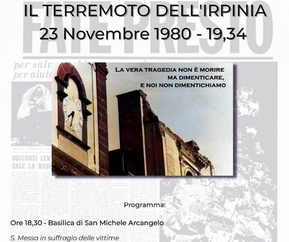 PIANO DI SORRENTO: DOMANI, 23 NOVEMBRE, RICORDO DELLE VITTIME DEL TERREMOTO DEL 1980