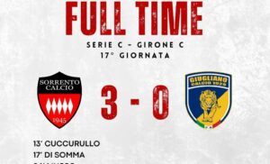 CAMPIONATO DI CALCIO DI SERIE C, GIRONE C: IL SORRENTO SUPERA IL GIUGLIANO 3-0 ED E’ QUARTO IN CLASSIFICA