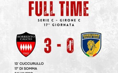 CAMPIONATO DI CALCIO DI SERIE C, GIRONE C: IL SORRENTO SUPERA IL GIUGLIANO 3-0 ED E’ QUARTO IN CLASSIFICA