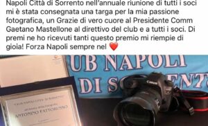 SORRENTO: FRA LE ECCELLENZE PREMIATE DAL CLUB NAPOLI CITTA’ DI SORRENTO IL NOSTRO COLLEGA ANTONINO FATTORUSSO